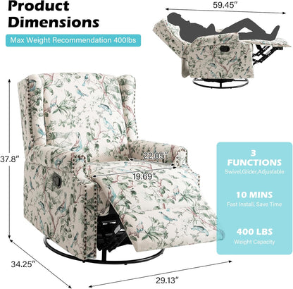 UIXE Swivel Glider Recliner Chair for Adults, High Back Nursery Rocker Floral Upholstered Armchair for Living Room, Manual Reclining Rivet Trim Sofa Lounge with Deep Seat in Fabric - Navy Blue