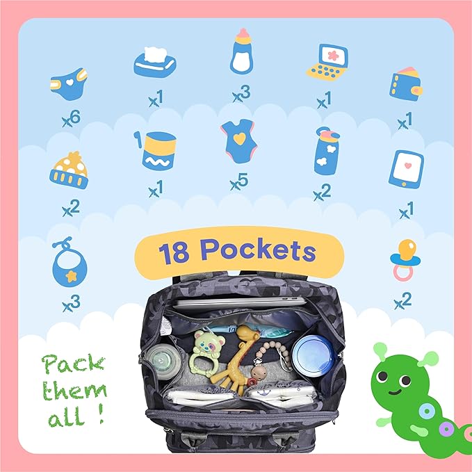 iniuniu Diaper Bag Backpack, 4 in 1 kit Large Unisex Baby Bags for Boys Girls, Waterproof Travel Back Pack with Pouch