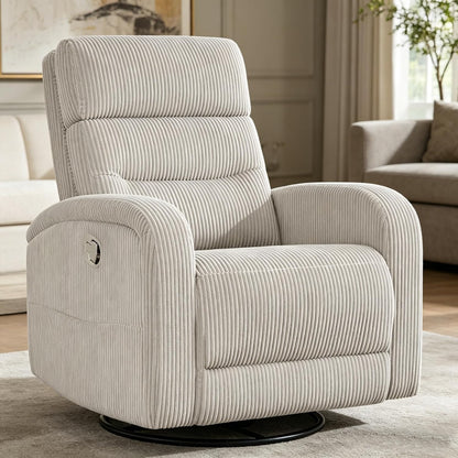 Power Swivel Rocker Recliner Chair for Nursery, Swivel Reclining Rocking Chairs, Electric Glider for Living Room, Upholstered Recliner Chairs for Bedroom, Corduroy White