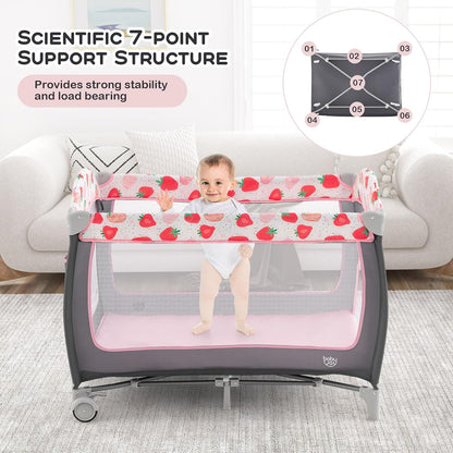 BABY JOY 4 in 1 Pack and Play, Portable Baby Playard with Bassinet, Side Zipper Door, Changing Table, Indoor Outdoor Travel Nursery Center w/Hanging Bar, Lockable Wheels, Carry Bag