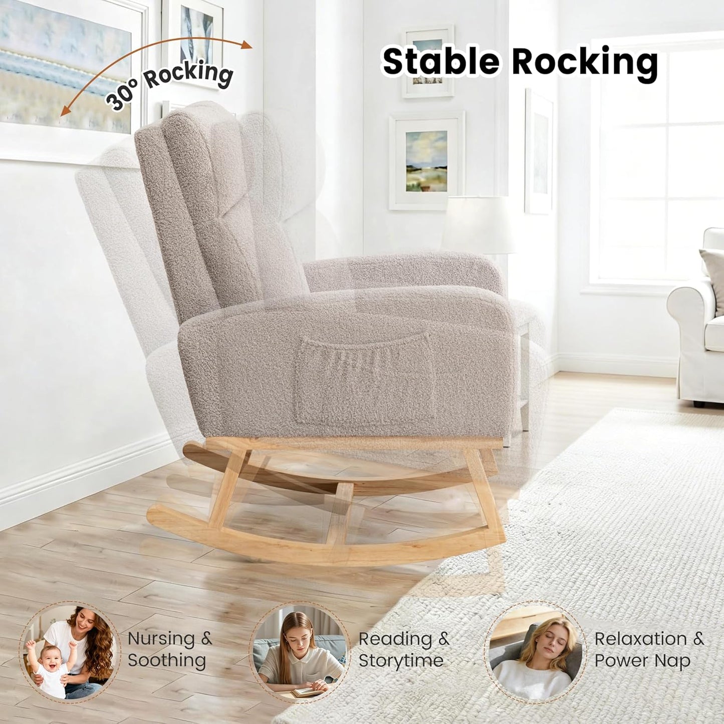 Rocking Chair Nursery - Glider Modern Accent Chairs Upholstered Nursing Rocker Padded Armchair for Indoor Living Room Bedroom Beige