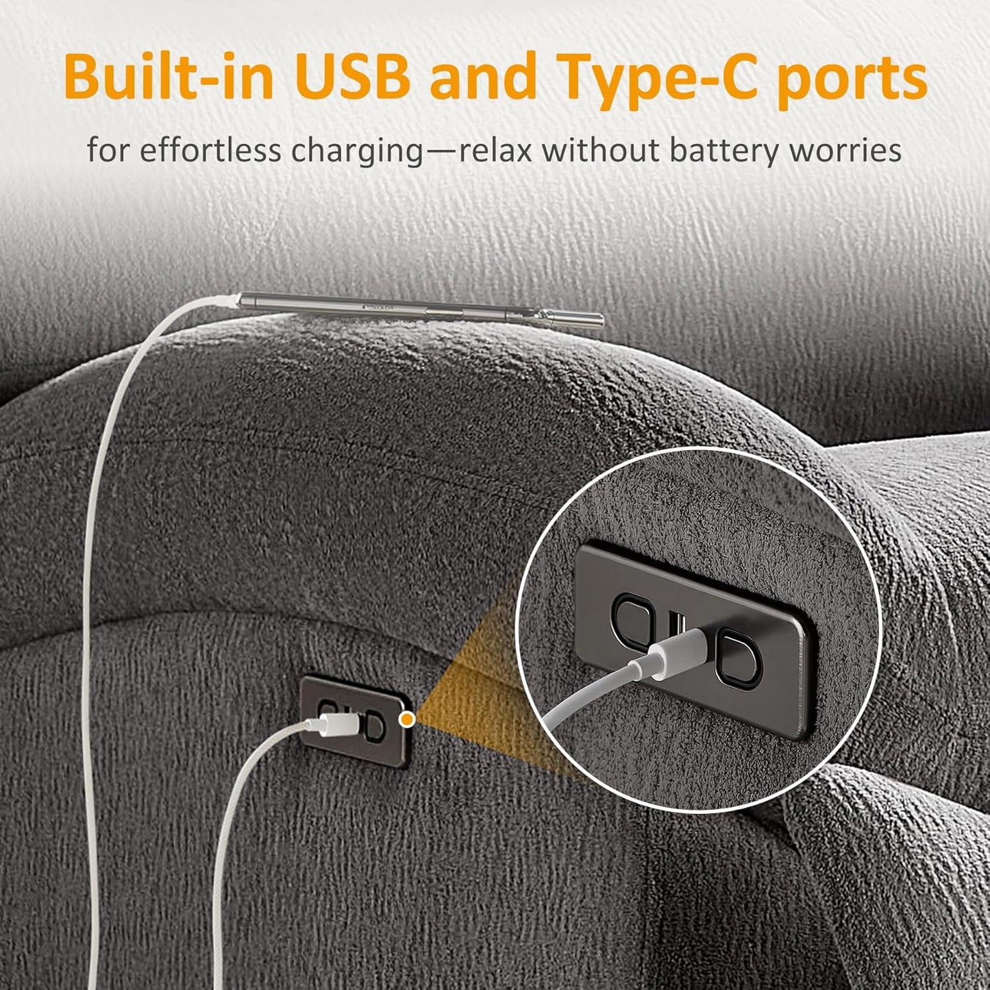 VANOMi Power Recliner Chair with USB & Type-C Charging, 270° Swivel Glider Rocker, Electric Nursery Recliner for Living Room, Bedroom, and Office, White