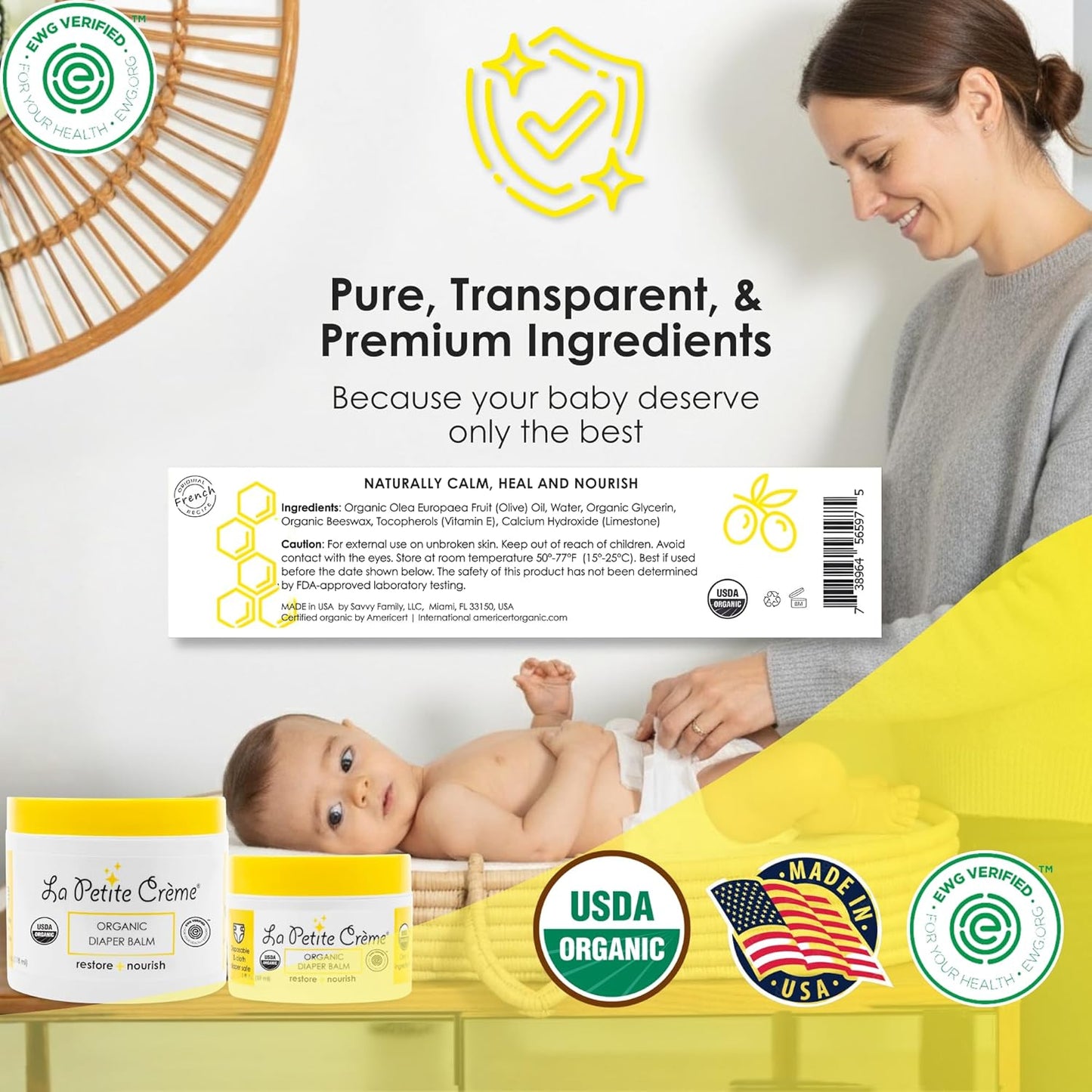 La Petite Creme French Organic Diaper Balm (4 oz) - Healing & Nourishing Diaper Cream - Gentle & Safe Liniment Baby Lotion - USDA Certified Organic - Baby Essentials for Newborn