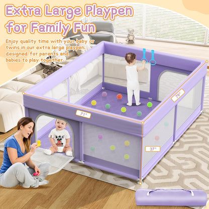 Baby Playpen with Mat - 79"x71" Extra Large Play Pens for Babies and Toddlers Indoor Safety Baby Fence with Soft Breathable Mesh - All-Wrapped Sponge Sturdy Play Yard with Handle & Bag Purple