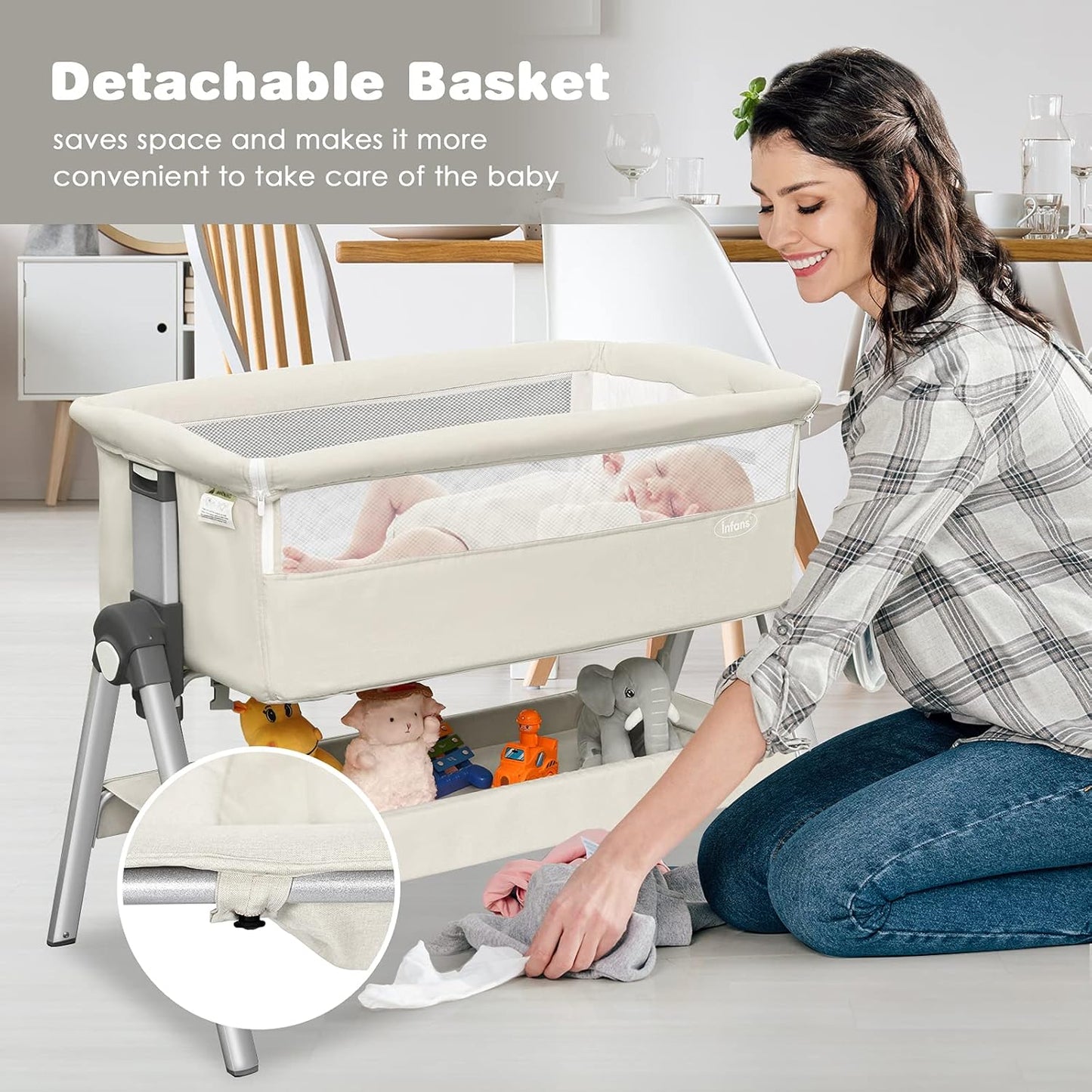 INFANS Baby Bassinet Bedside Crib, Newborn Sleeper w/Large Storage Basket, Adjustable Heights, Detachable &Washable Mattress, Breathable Mesh, Straps, Easy Moving Bed Side (Pink)