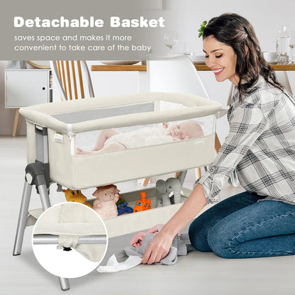 INFANS Baby Bassinet Bedside Crib, Newborn Sleeper w/Large Storage Basket, Adjustable Heights, Detachable &Washable Mattress, Breathable Mesh, Straps, Easy Moving Bed Side (Pink)