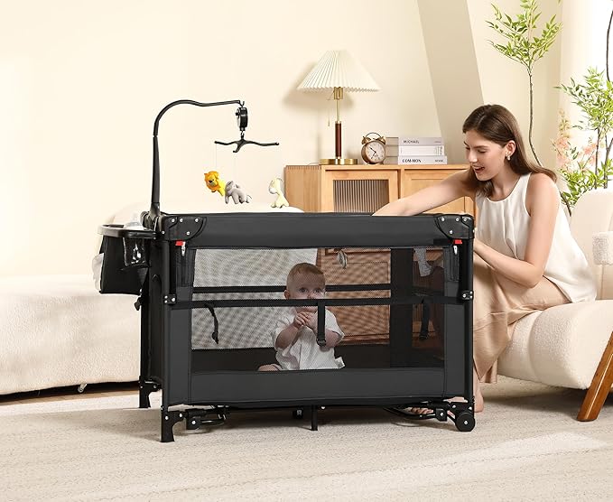 Pack and Play, 4 in 1 Baby Playard – Portable Crib, Bassinet, Bedside Sleeper, Changing Table & Playpen | Breathable Mesh | Safe & Foldable for Newborns to Toddlers (Black)