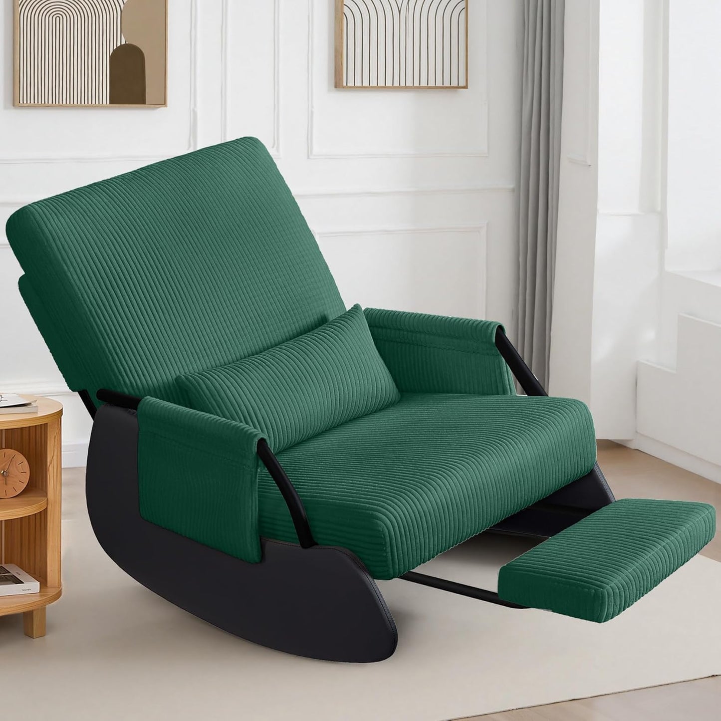 FelixKing Rocking Chair Nursery, Low-Seat Glider Chair, Upholstered Rocking Chair with Side Pocket and Foot Rest, Comfortable Modern Accent Armchair Recliner for Mom Nursery Living Room Bedroom Beige