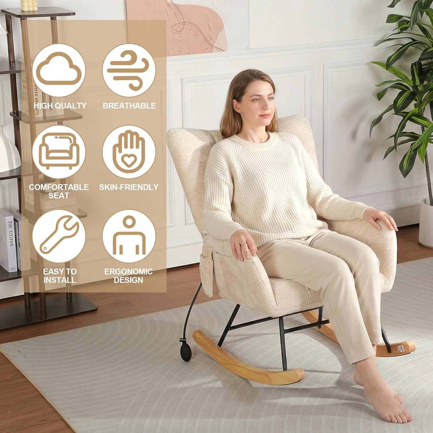 Rocking Chair Nursery with Airbag, Comfy Modern Nursery Rocking Reading Chair indoor with Footrest, Cozy Upholstered Glider Rocker Chairs for Living Room Bedroom Offices(Chenille, Dark Grey)