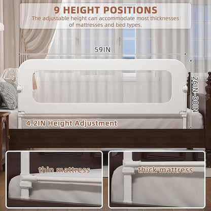 FigTime Bed Rail for Toddlers, Baby Bed Rail Guard for Kids, Toddler Bed Rails with Reinforced Anchor Fit, Height Adjustable & Foldable Bed Rail Guard for Twin, Full, Queen & King Beds (White, 59IN)