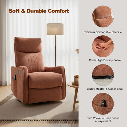 Casaphoria 360° Swivel Rocking Recliner Chair with Heat and Massage Upholstered Fabric Nursery Glider with Side Pocket for Living Room,Bedroom,Home Theater and RV Small Space(Light Gray)