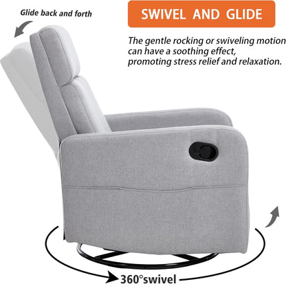 Ketaiyou Swivel Rocking Recliner Chair for Adults, Rocker Nursery Glider Chair for Living Room Bedroom, Upholstered Fabric Reclining Single Sofa Chair(Light Grey)