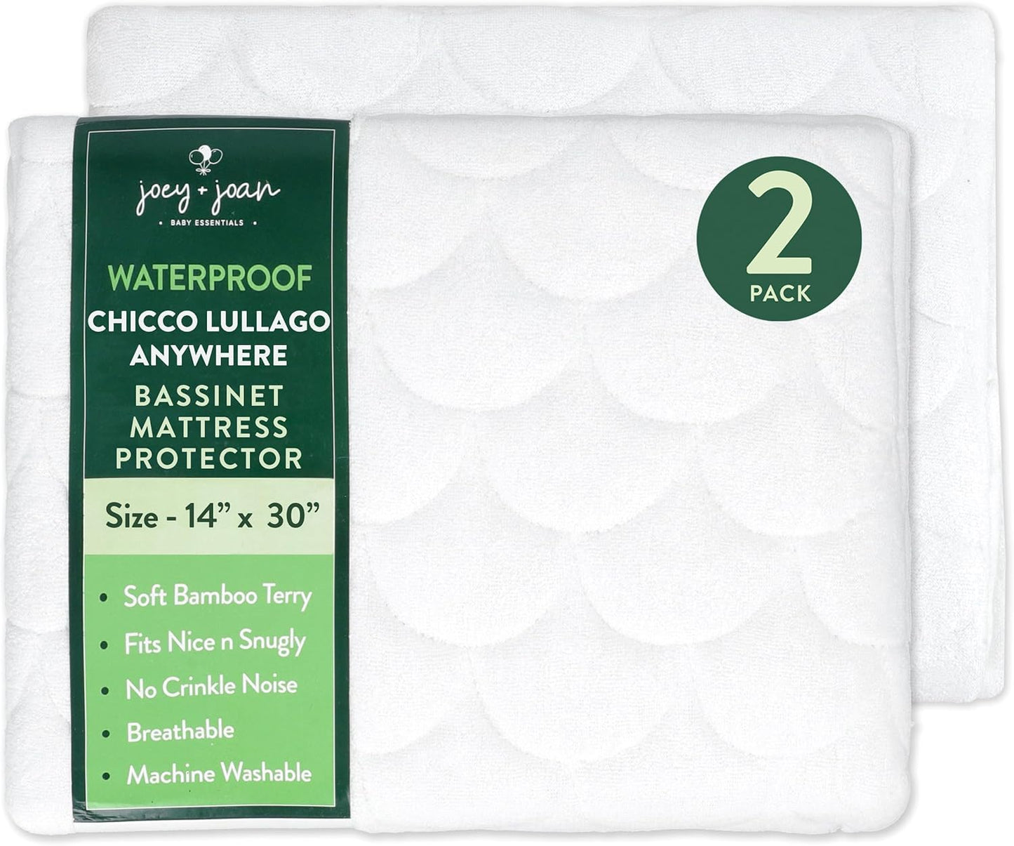 Joey + Joan Waterproof Bassinet Mattress Pad Cover 19" x 32" for Cowiewie Bedside Sleeper Bassinet Sheets – Made from Ultra Soft Bamboo Viscose Terry – 2 Pack