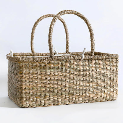 Premium Wicker Baby Diaper Caddy Organizer, Woven Seagrass Basket with Handles, Diaper Basket with Dividers (Seagrass)