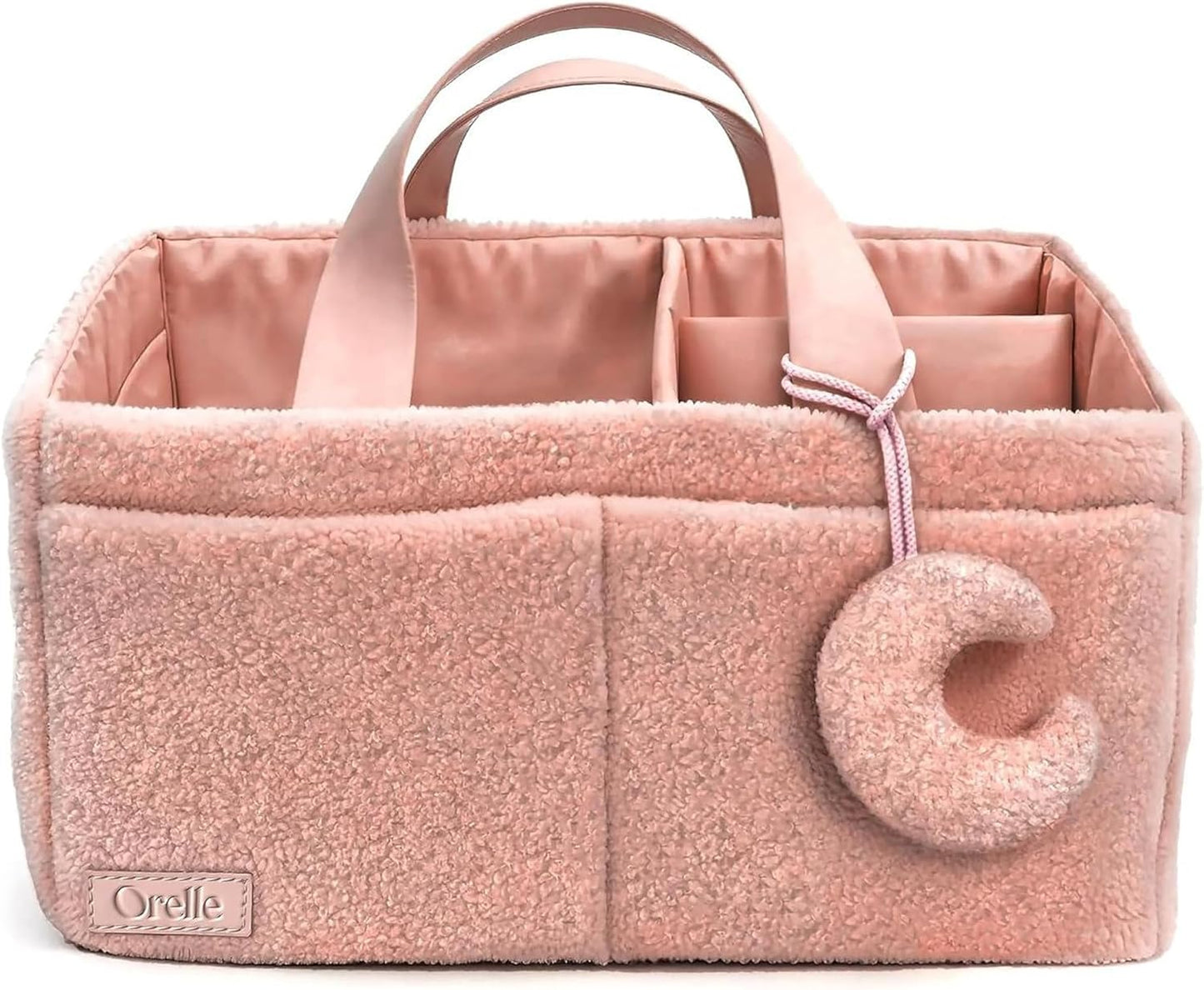 Orelle Bouclé Diaper Caddy Organizer with Matching Pouch & Moon Pendant | Teddy Portable Changing Table Organizer | Must-Have Baby Shower Gifts | Cream