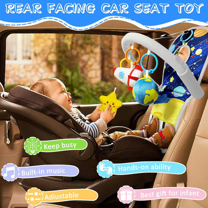 Car Seat Toys for 6-12 Months - Musical Pedal Piano with Baby Mirror, Squeaky Sensory Soft Animal Toys for Rear Facing Carseats