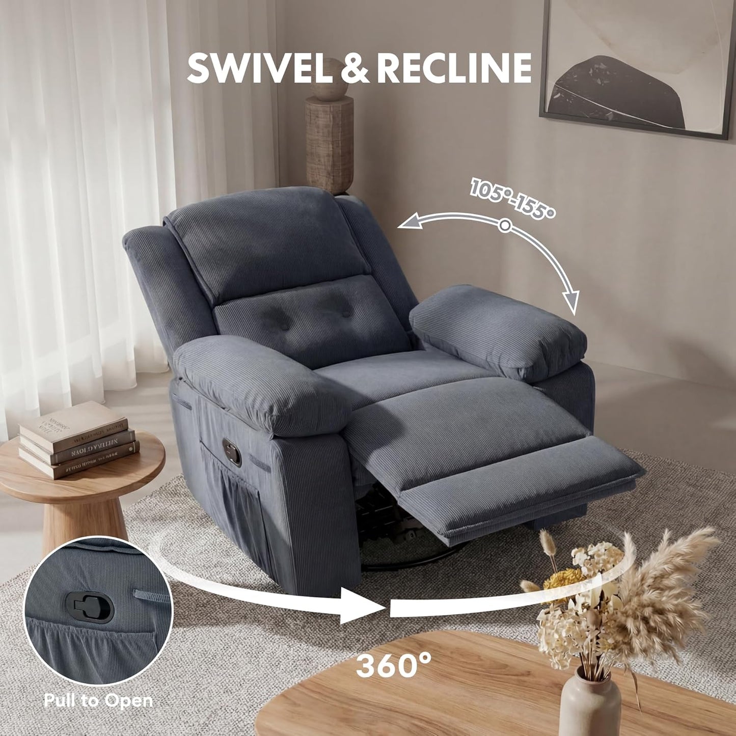 FLEXISPOT Swivel Rocker Recliner Chair for Adults, Massage Recliner Rocking Chair Nursery, 360° Swivel Nursery Glider for Living Room Bedroom, Beige (XRC2)
