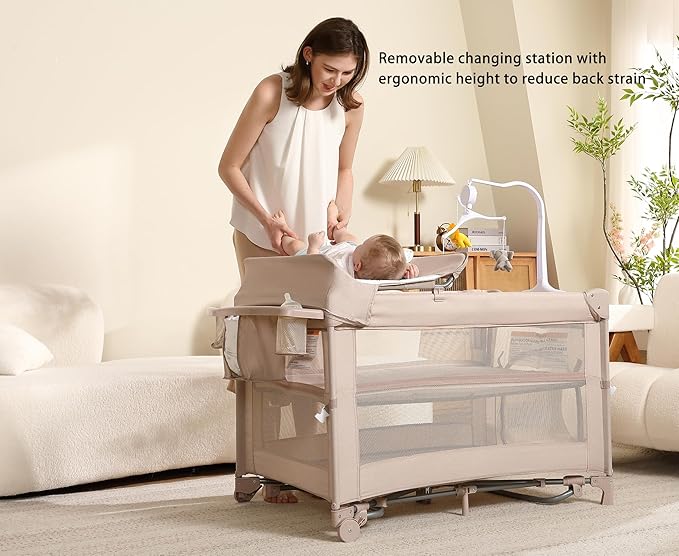 Pack and Play, 4 in 1 Baby Playard – Portable Crib, Bassinet, Bedside Sleeper, Changing Table & Playpen | Breathable Mesh | Safe & Foldable for Newborns to Toddlers (Beige)