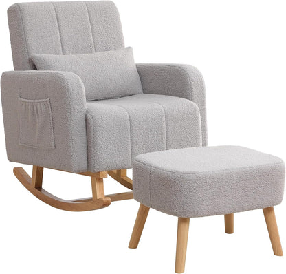 HCHAIRH Nursery Rocking Chair with Ottoman, Upholstered Glider Rocker with High Backrest Side Pocket, Rocking Accent Armchair with Solid Wood Legs for Nursery, Living Room, Bedroom, Light Grey