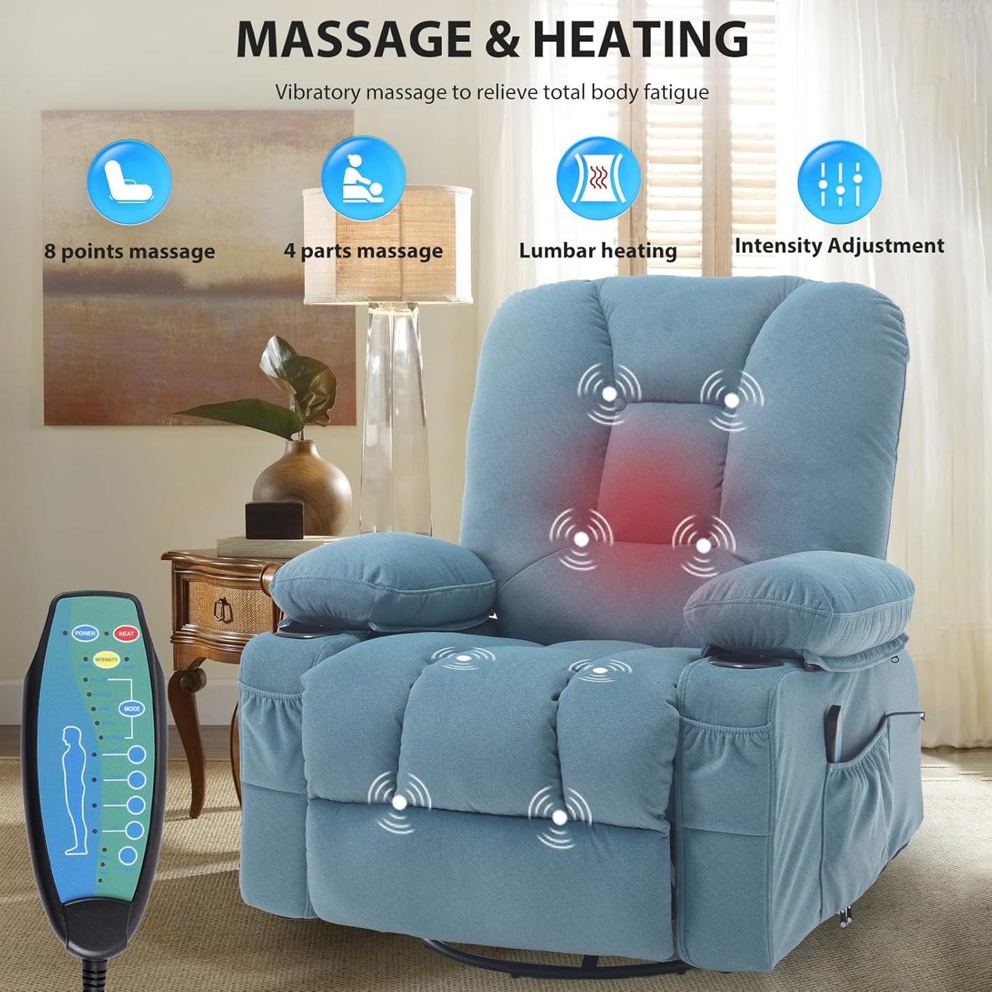 Rocker Recliner Chair with Massage and Heat, Oversized Rocking Nursery Recliners Overstuffed Swivel Glider with Cup Holder, Fabric Manual Single Sofa for Living Room, Beige