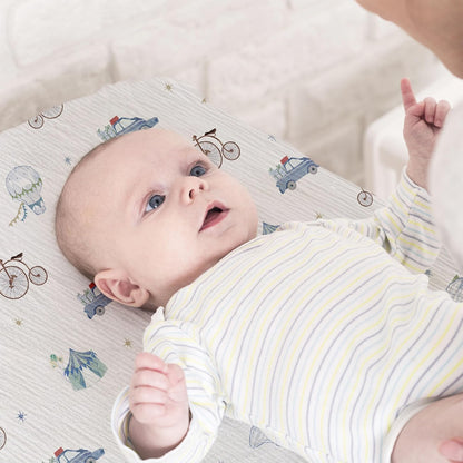 Muslin Bassinet Fitted Sheets 2 Pack, Soft Breathable Cotton Baby Bassinet Mattress Sheet Set, 360° Elastic Snug Fit, Universal for Oval, Rectangle & Hourglass Cradle, Unisex Baby Bedding (Cute Cars)