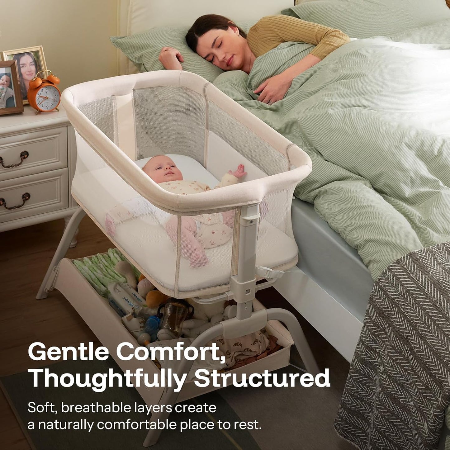 HARPPA Cuddly Lite Bassinet, 2 in 1 Baby Bassinet with Breathable Mesh and Mattress, 6 Height Adjustable, Bedside Sleeper with Anchor Strap, Storage Basket and Wheels, Light Grey