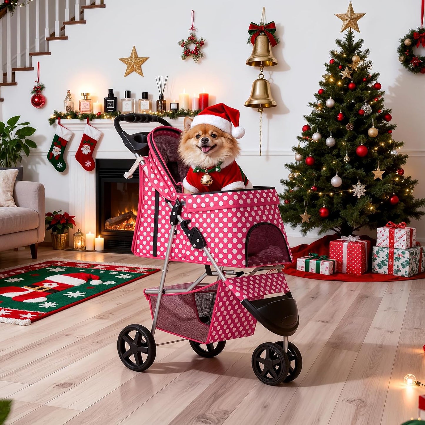 MoNiBloom Foldable Pet Stroller with Weather Cover, 3 Wheels Pet Strolling Cart for Small/Medium Dogs and Cats with Storage Basket and Cup Holder, Breathable and Visible Mesh for All-Season, Black