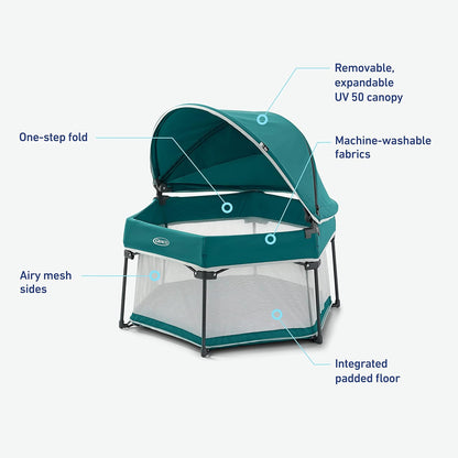 Graco® Lite Traveler 4 in 1 Playard with 4 Modes, Bedside Bassinet, Toddler Playpen, Free Play and Slumber Tent Mode, Lightweight Portable Playard with Canopy and Carry Bag
