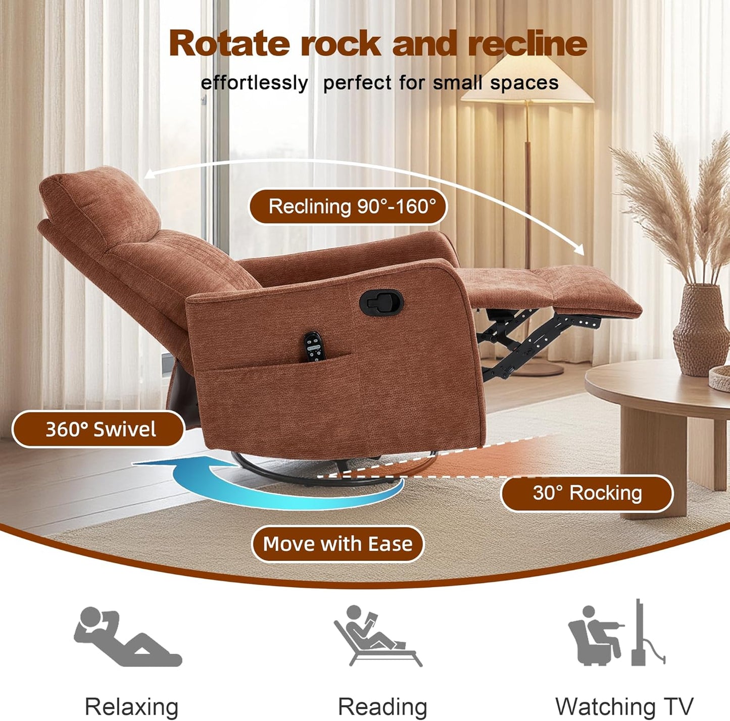 Casaphoria 360° Swivel Rocking Recliner Chair with Heat and Massage Upholstered Fabric Nursery Glider with Side Pocket for Living Room,Bedroom,Home Theater and RV Small Space(Light Gray)