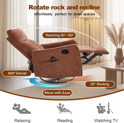 Casaphoria 360° Swivel Rocking Recliner Chair with Heat and Massage Upholstered Fabric Nursery Glider with Side Pocket for Living Room,Bedroom,Home Theater and RV Small Space(Light Gray)