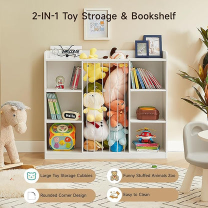 Toddler Stuffed Animal Zoo, Toy Storage Organizer for Playroom, Plush Toy Organizers and Storage, Book Shelf for Kids Rooms, Elastic Band Child Bookcase, Toy Shelf with 8 Storage Cubbies (White)