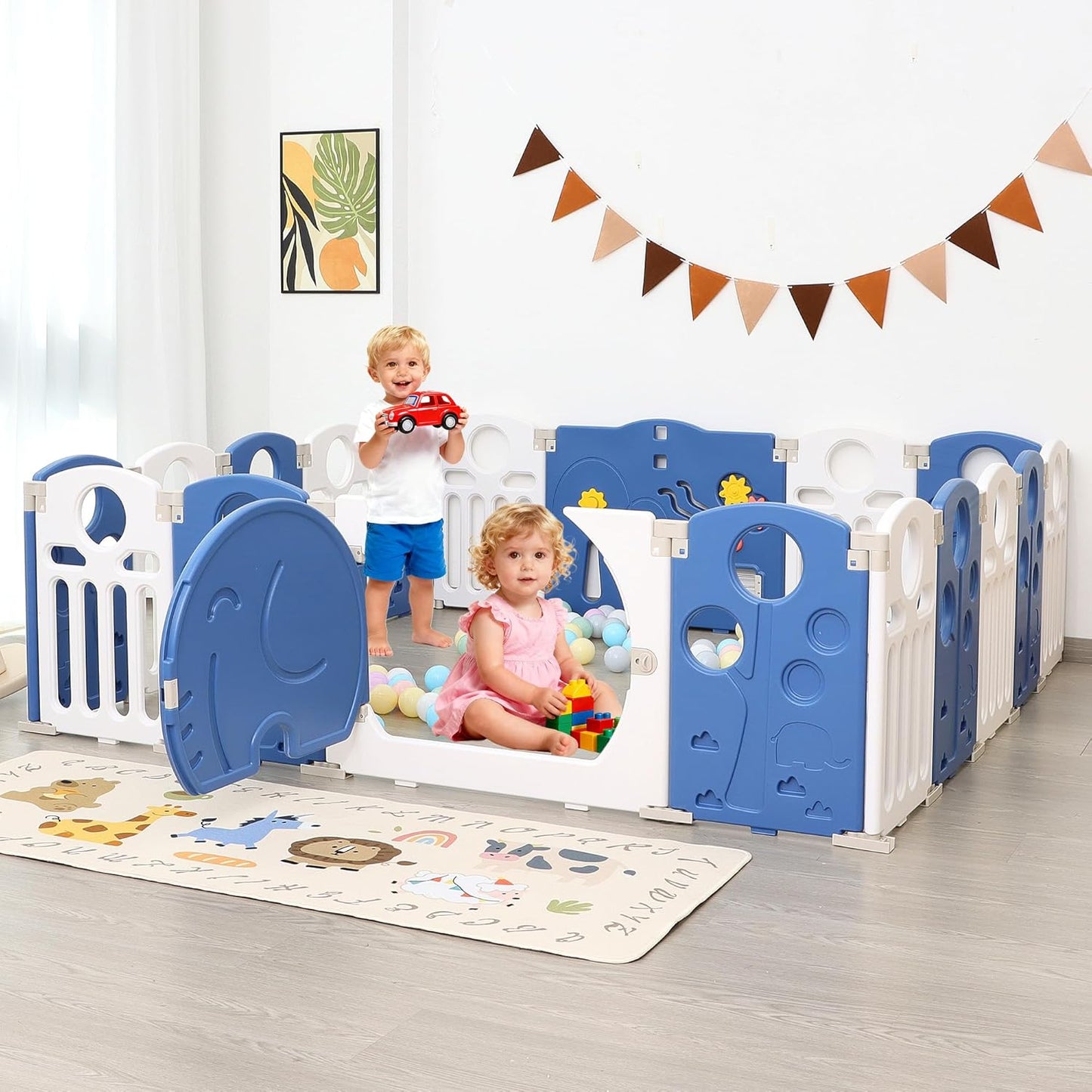 Baby Playpen, 14-Panel Foldable Play Pen for Babies and Toddlers, Indoor Outdoor Baby Fence with Sensory Play Panel, Adjustable Shape Activity Play Center, Portable & Easy Assemble