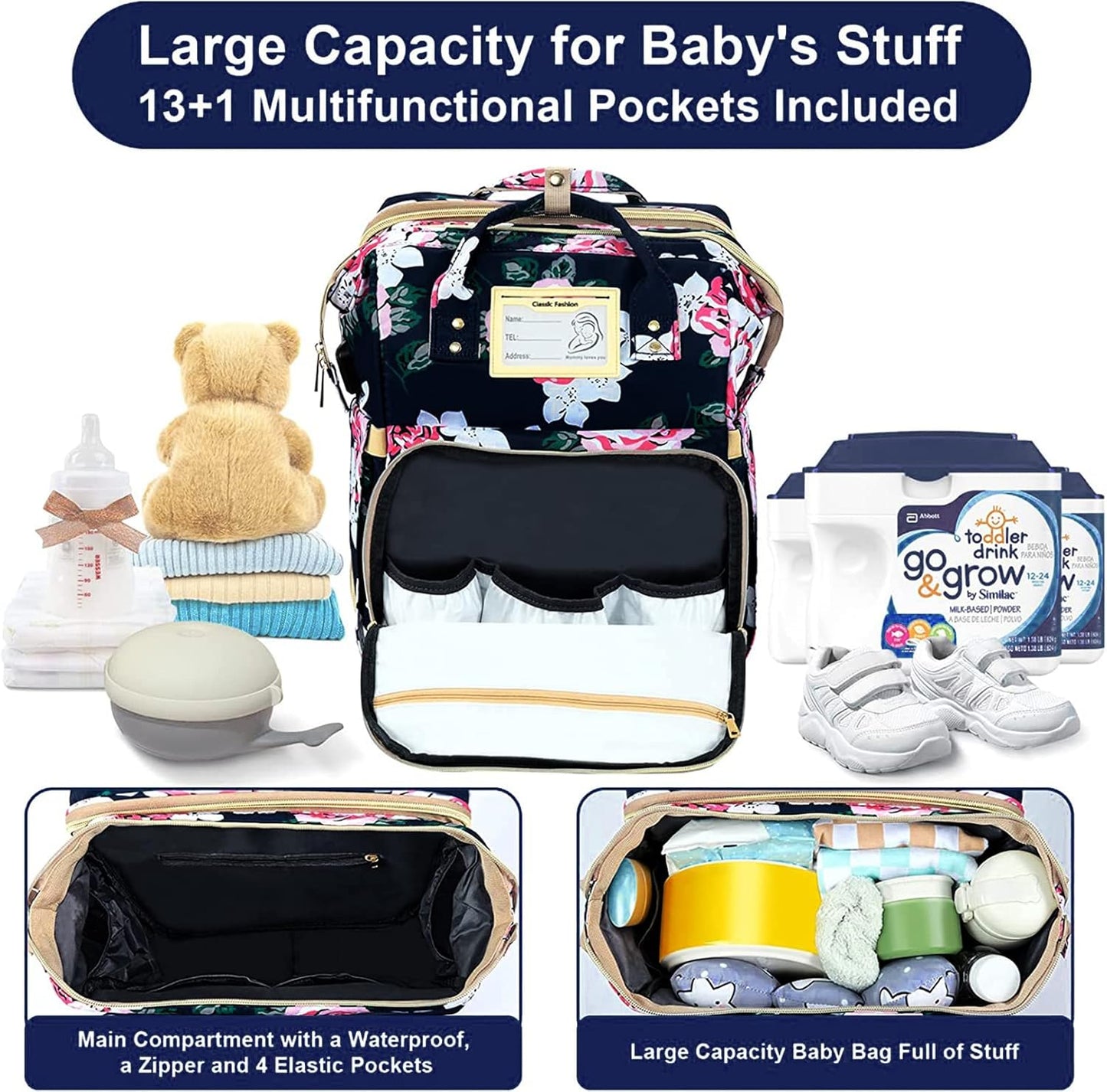 GurZinn Diaper Bag Backpack with Changing Station, Foldable for Bady Toddler, 3 in 1 Large Capacity Newborn Essentials Organizer with Stroller Hook for Girls and Boys（Pink）