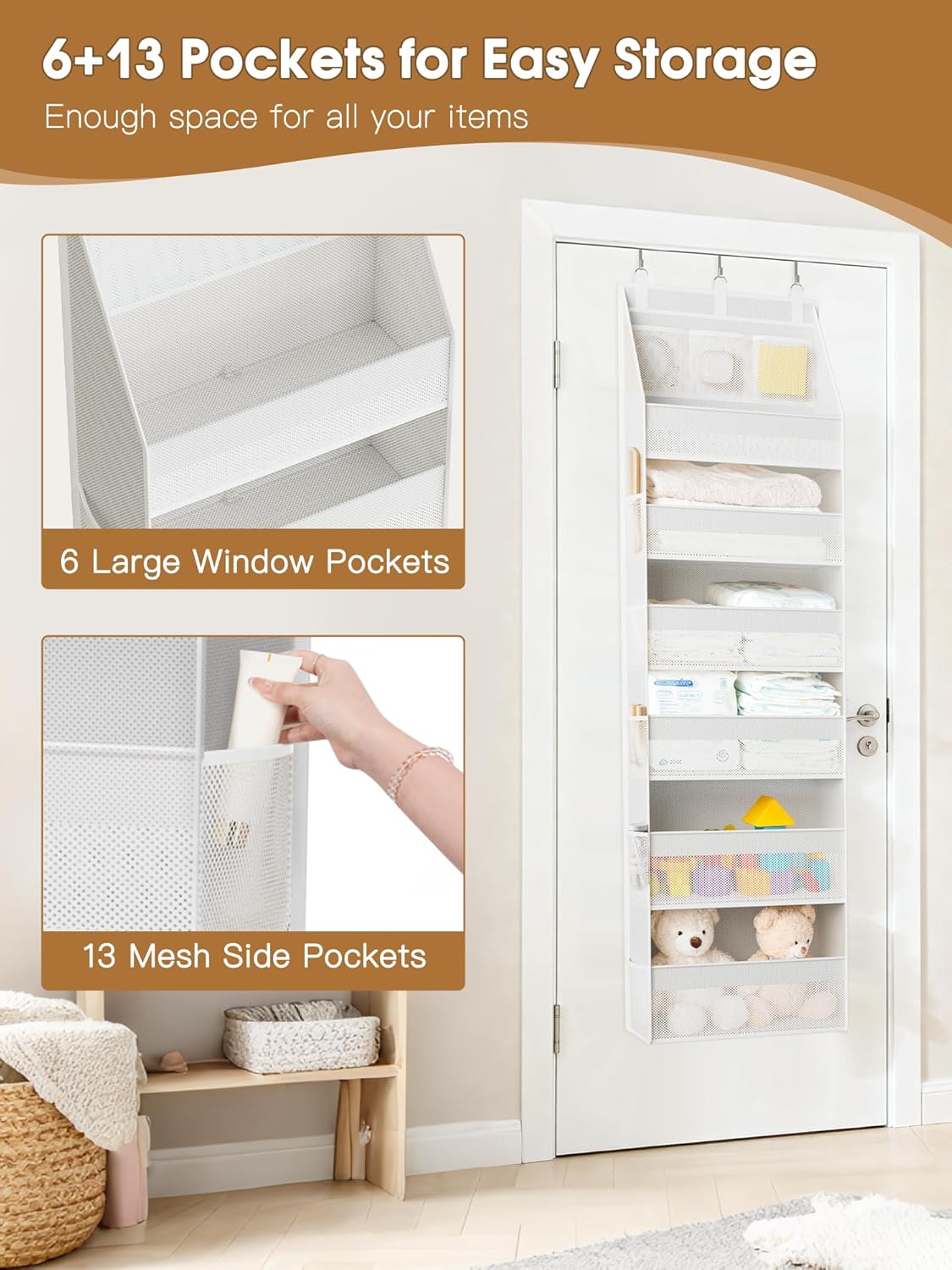 Criusia Over the Door Organizer, 6-Shelf Closet Hanging Storage with 13 Mesh Pockets, 55lbs Capacity Behind the Door Storage for Baby Nursery, Bathroom, Bedroom, and Dorm, Beige