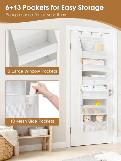Criusia Over the Door Organizer, 6-Shelf Closet Hanging Storage with 13 Mesh Pockets, 55lbs Capacity Behind the Door Storage for Baby Nursery, Bathroom, Bedroom, and Dorm, Beige