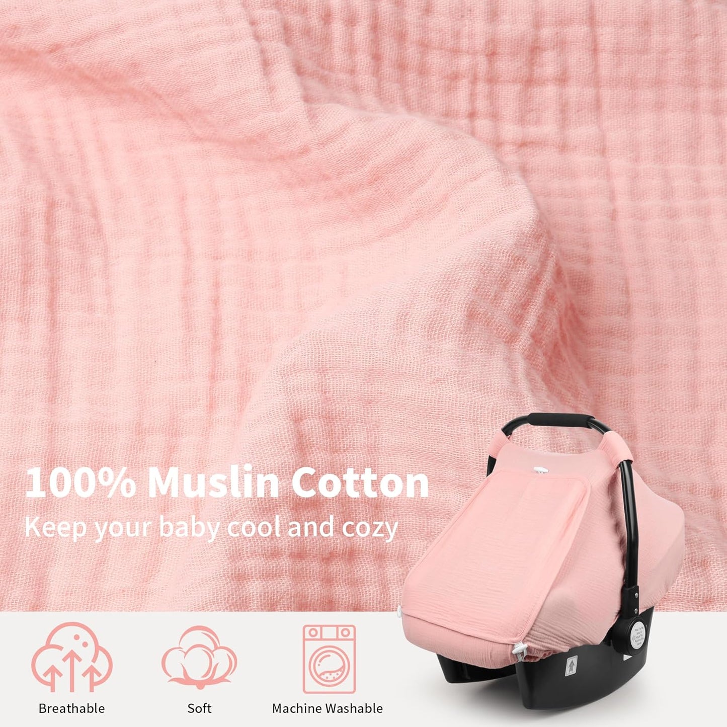 Rquite Car Seat Cover Baby, Carseat Covers Girl Boy, Breathable Muslin Cotton, Large Mesh Window, Infant Car Seat Canopy Baby Carrier Cover Stroller Sun Shade for Summer & Hot Day