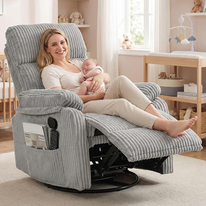 Manual Small Recliner Rocking Chair for Nursery/Relaxation, Corduroy Swivel Glider Recliner for Living Room Bedroom, Brown Rocking Chair Nursery Recliners for Small Spaces, Side Pockets (Brown)
