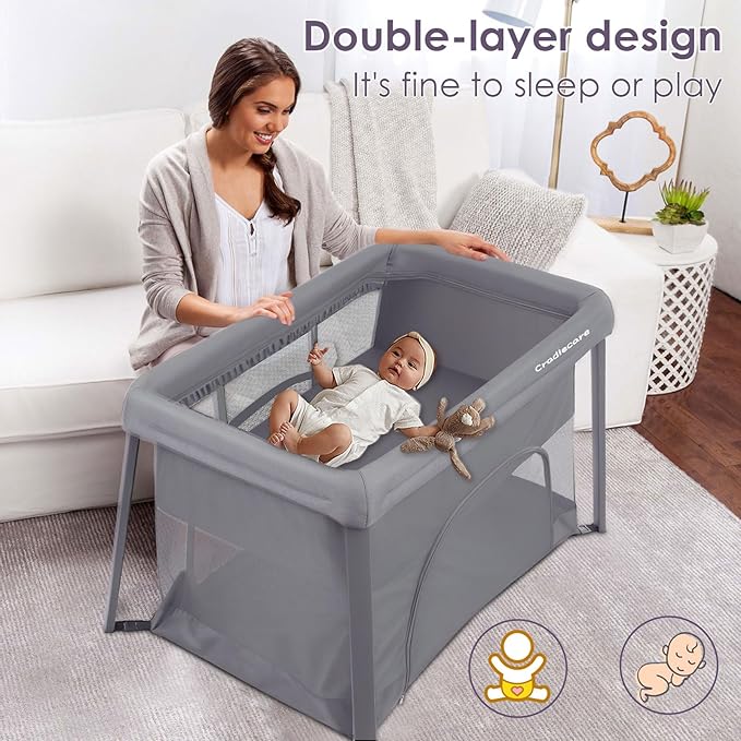 Pack and Play with Bassinet & Mattress, Lightweight Portable Baby Bed, Foldable Travel Bassinet Playard with Storage Bag, Easy Setup Playpen for Babies & Toddlers (Grey)