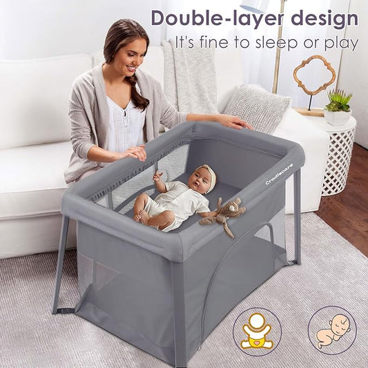 Pack and Play with Bassinet & Mattress, Lightweight Portable Baby Bed, Foldable Travel Bassinet Playard with Storage Bag, Easy Setup Playpen for Babies & Toddlers (Grey)