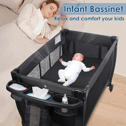 3 in 1 Pack and Play, Baby Bassinet, Changing Tabler - Portable Baby Playpen for Babies and Toddlers, Foldable Playard with Locking Wheels & Storage Diaper Basket(Black)