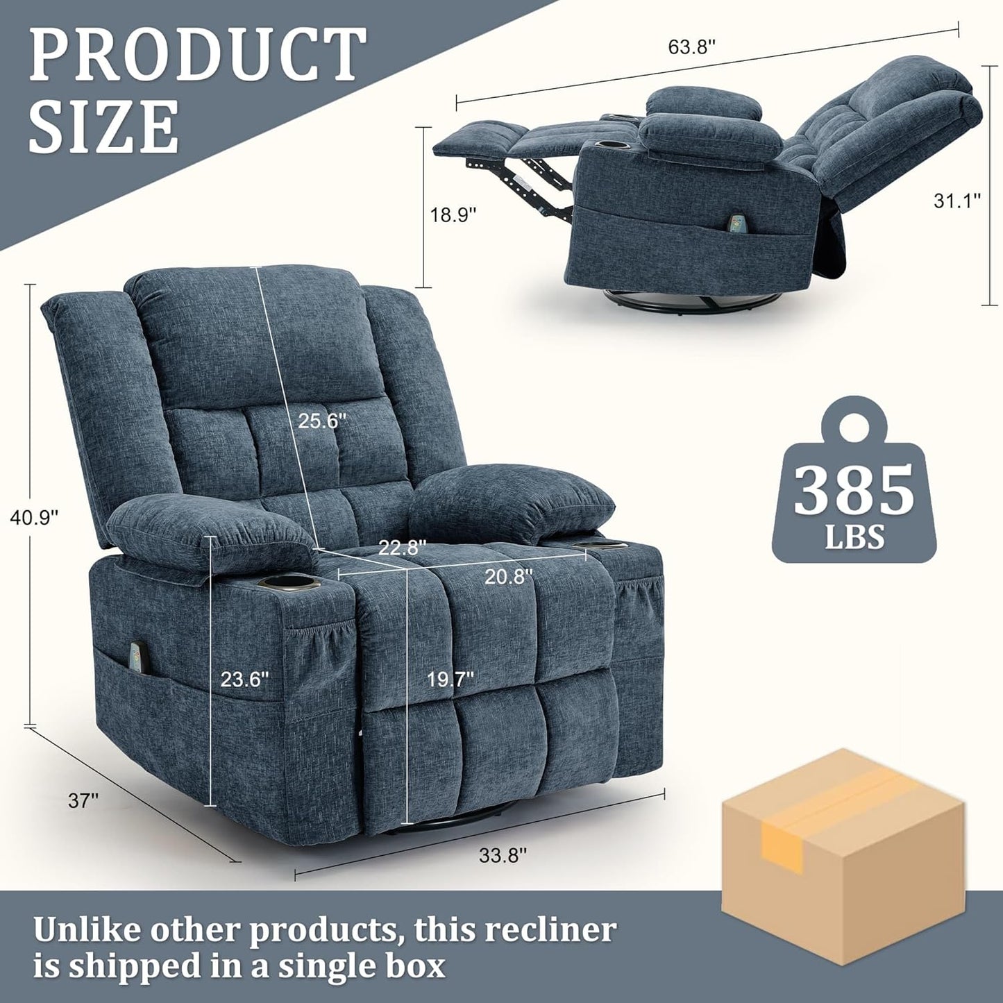 Korser 360° Swivel Rocker Recliner for Adults, Nursery Glider Recliner with Massage and Heating, Rocking Chair with Cup Holder, Manual Recliner Chair for Living Room, Bedroom (Fabric, Beige)