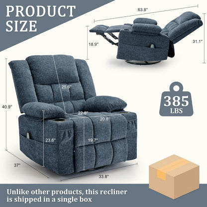 Korser 360° Swivel Rocker Recliner for Adults, Nursery Glider Recliner with Massage and Heating, Rocking Chair with Cup Holder, Manual Recliner Chair for Living Room, Bedroom (Fabric, Beige)
