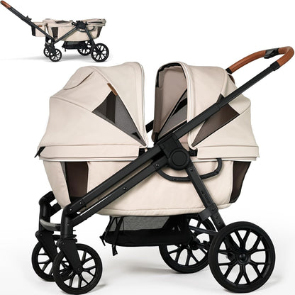 Wagon Stroller for 2 Kids, All-Terrain with Removable UV-Protection Canopy , Adjustable Push/Pull Handle, Snack Tray & Cup Holders, Perfect for Baby and Toddler（Black)