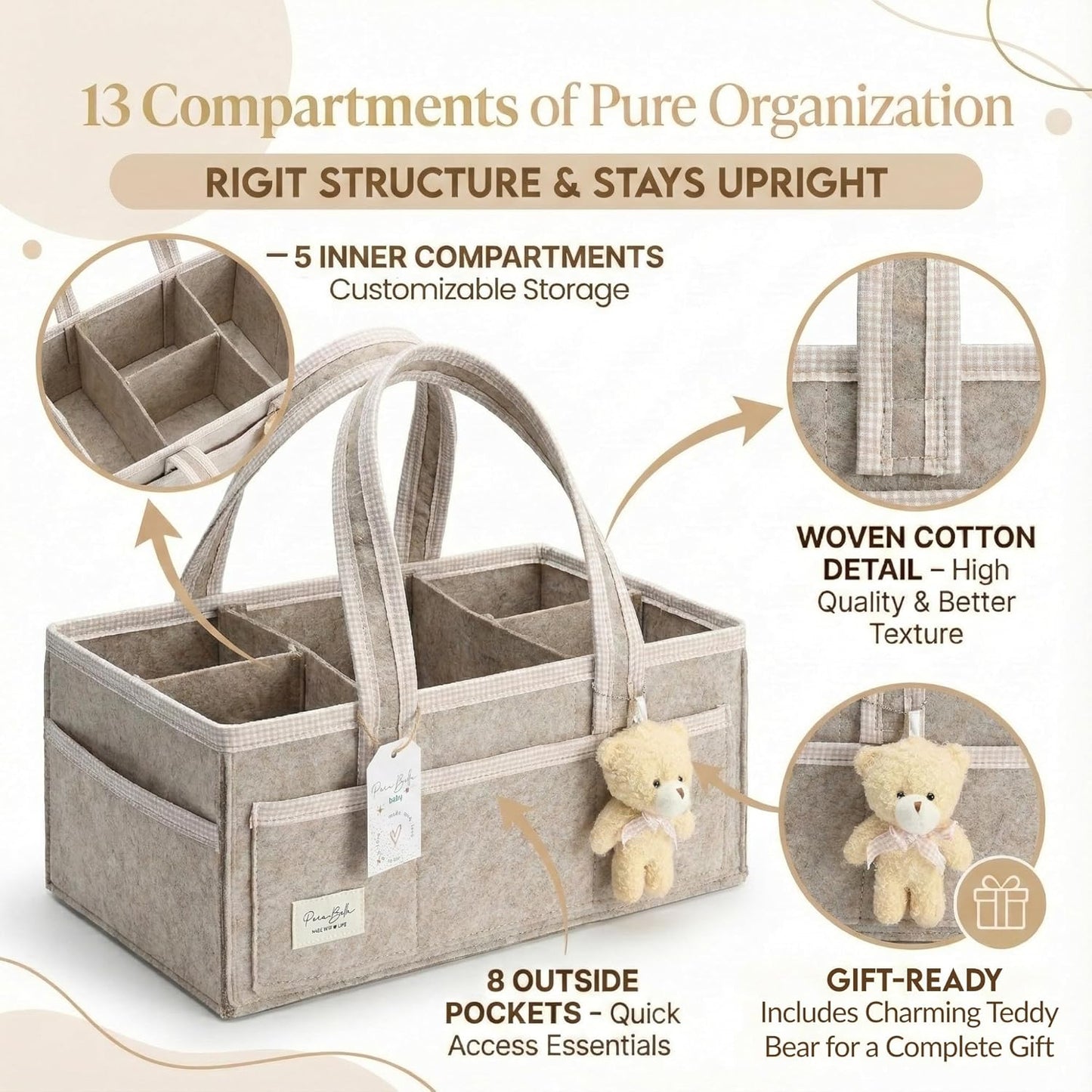 PeraBella Baby Diaper Caddy Organizer, Baby Basket Shower Gift Caddy, Portable Felt Changing Table Basket, Nursery Storage Bin, Newborn Boy and Girl Essentials for Registry, Car Diaper Organizer