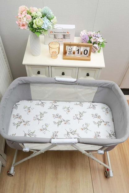 Onacosht Muslin Bassinet Sheets 3 Pack, 100% Cotton Baby Fitted Sheet 33" x 19" Compatible with Mika Micky, KoolaBaby (3 in 1), BabyBond, HARPPA and RICUTON Bedside Bassinet, Green, Floral and Cactus