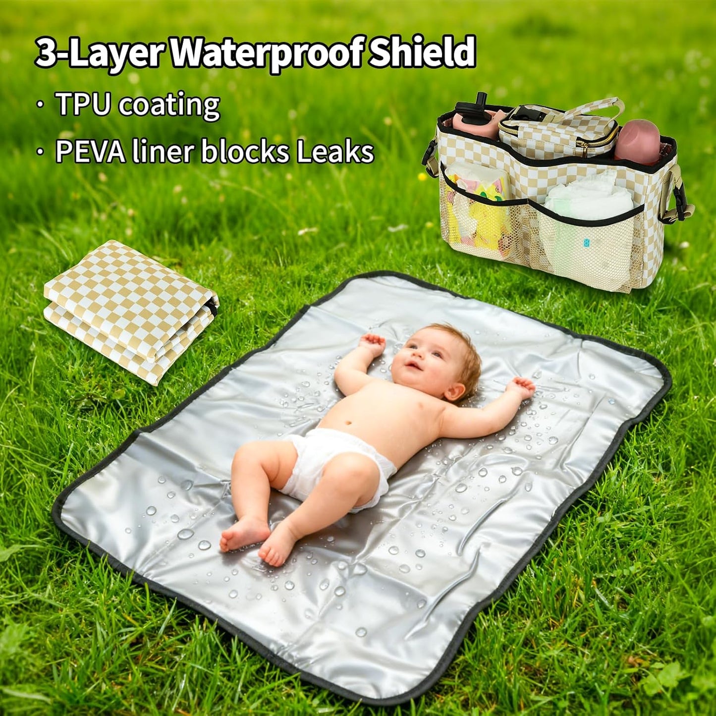 Universal Parent Console Stroller Organizer with Removable Cooler Bag & Changing Mat, Extra Large Wagon Caddy Accessories Fit for Wonderfold W4, Keenz, Jeep, Graco, Double Strollers (Checkerboard)