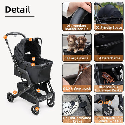 Upgraded Small/Medium Pet Stroller - Dogs & Cats up to 66 lbs, Folds for Storage and Features a Safety Foot Brake, 3-in-1 Foldable Portable Travel Carrier for 2 Small to Medium Pets (Black)