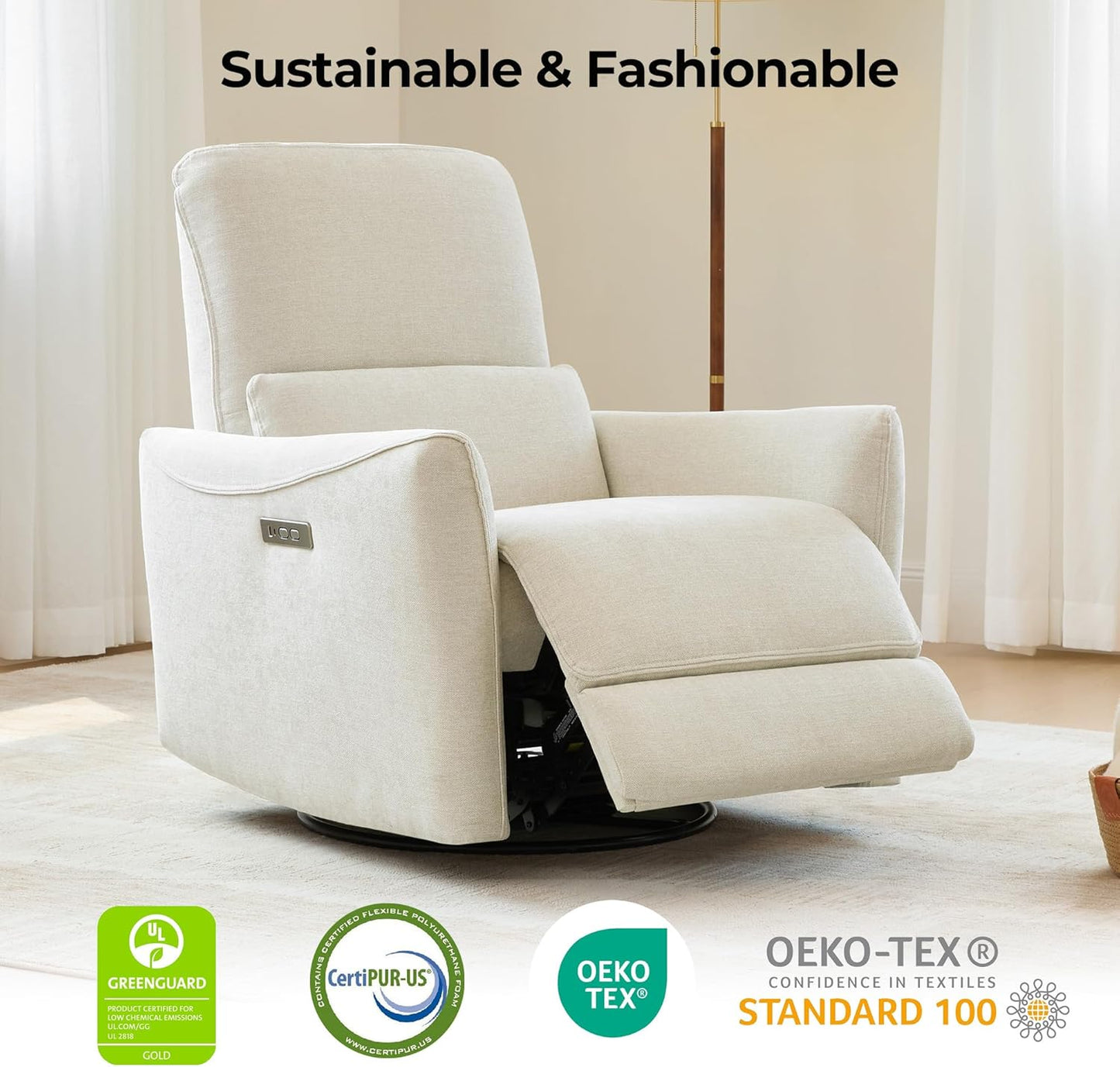 CHITA Power Recliner Chair Swivel Glider, FSC Certified Upholstered Living Room Nursery Reclining Sofa Chair with Lumbar Support, Linen