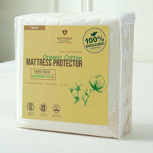 Deluxe Waterproof Organic Mattress Protector Twin Size - OCS Certified Organic Cotton, Breathable Mattress Pad Cover - Premium 280 GSM Comfort - Jersey Cotton Skirt - Deep Pocket Fitted Style