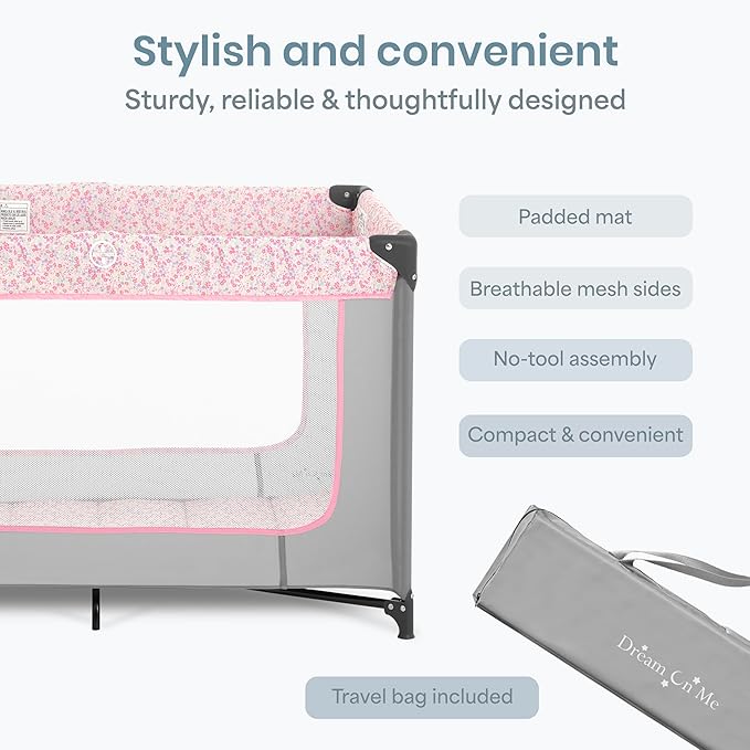 Dream On Me Zodiak Baby Playard, Breathable Mesh Sides, Soft Comfortable Mattress, Quick & Easy to Fold with Travel Carry Bag, Compact Space Saving Design - Grey & Pink